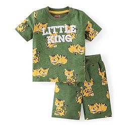 Babyhug Cotton Knit Half Sleeves T-Shirt & Shorts Co-Ord Set With Little King Cub Print - Green