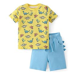 Babyhug Cotton Knit Half Sleeves T-Shirt & Shorts Set With Dino Print - Yellow & Blue