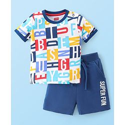 Babyhug Single Jersey Knit Half Sleeves T-Shirt & Short Set with Text Print - Blue & White