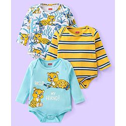 Babyhug 100% Cotton Full Sleeves Onesies Baby Leopard Print Pack of 3 - Blue & Yellow