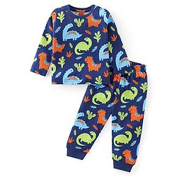 Babyhug Cotton Knit Full Sleeves Night Suit with Dino Print - Blue