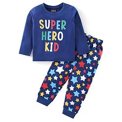 Babyhug Cotton Knit Full Sleeves Night Suit with Text & Star Print - Navy Blue