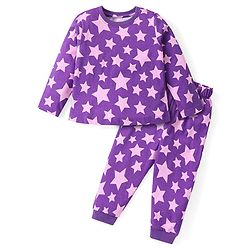 Babyhug Cotton Knit Full Sleeves Night Suit With Stars Print - Purple