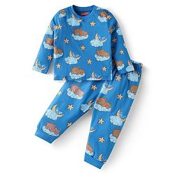 Babyhug Cotton Knit Full Sleeves Bear Printed Night Suit -  Blue
