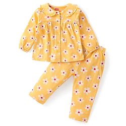 Babyhug Cotton Knit Full Sleeves Peter Pan Collared Night Suit With Floral Print - Yellow