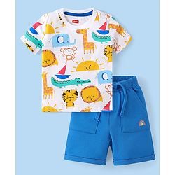 Babyhug Cotton Knit Half Sleeves T-Shirt & Shorts Set With Animals Print - White & Blue