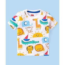 Babyhug Cotton Knit Half Sleeves T-Shirt & Shorts Set With Animals Print - White & Blue