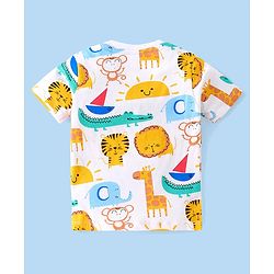Babyhug Cotton Knit Half Sleeves T-Shirt & Shorts Set With Animals Print - White & Blue
