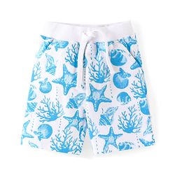 Babyhug Cotton Knit Half Sleeves T-Shirt & Shorts Co-Ord Set With Sea World Print - White & Blue