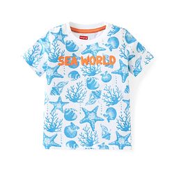 Babyhug Cotton Knit Half Sleeves T-Shirt & Shorts Co-Ord Set With Sea World Print - White & Blue