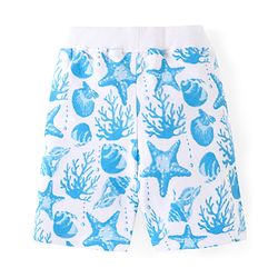 Babyhug Cotton Knit Half Sleeves T-Shirt & Shorts Co-Ord Set With Sea World Print - White & Blue