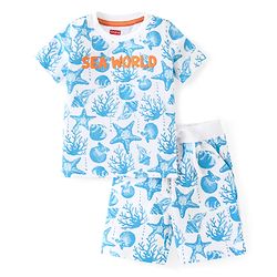 Babyhug Cotton Knit Half Sleeves T-Shirt & Shorts Co-Ord Set With Sea World Print - White & Blue