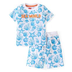 Babyhug Cotton Knit Half Sleeves T-Shirt & Shorts Co-Ord Set With Sea World Print - White & Blue