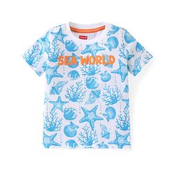 Babyhug Cotton Knit Half Sleeves T-Shirt & Shorts Co-Ord Set With Sea World Print - White & Blue