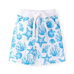 Babyhug Cotton Knit Half Sleeves T-Shirt & Shorts Co-Ord Set With Sea World Print - White & Blue