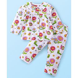 Babyhug Cotton Knit Full Sleeves Front Open Night Suit with Peter Pan Collar & Floral Print - White