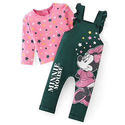 Babyhug Disney  Knit Dungaree with Full Sleeves T-Shirt Star & Minnie Mouse glitter Print - Pink & Green