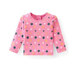 Babyhug Disney  Knit Dungaree with Full Sleeves T-Shirt Star & Minnie Mouse glitter Print - Pink & Green