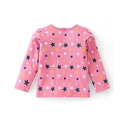 Babyhug Disney  Knit Dungaree with Full Sleeves T-Shirt Star & Minnie Mouse glitter Print - Pink & Green