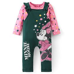 Babyhug Disney  Knit Dungaree with Full Sleeves T-Shirt Star & Minnie Mouse glitter Print - Pink & Green