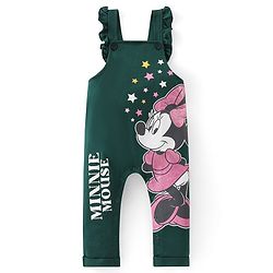 Babyhug Disney  Knit Dungaree with Full Sleeves T-Shirt Star & Minnie Mouse glitter Print - Pink & Green