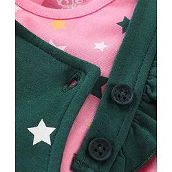Babyhug Disney  Knit Dungaree with Full Sleeves T-Shirt Star & Minnie Mouse glitter Print - Pink & Green