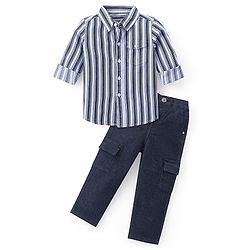 Babyhug Cotton Woven Full Sleeves Striped Regular Collar Shirt & Denim Jeans Set - White & Blue