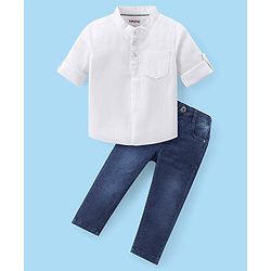 Babyhug Cotton Woven Full Sleeves Mandarin Collar Solid Colour Shirt & Denim Jeans Set - White & Blue