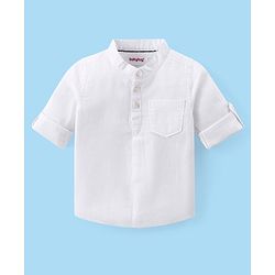 Babyhug Cotton Woven Full Sleeves Mandarin Collar Solid Colour Shirt & Denim Jeans Set - White & Blue