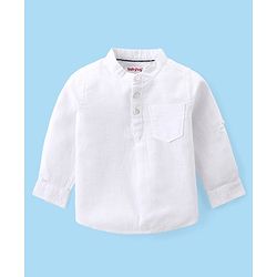 Babyhug Cotton Woven Full Sleeves Mandarin Collar Solid Colour Shirt & Denim Jeans Set - White & Blue