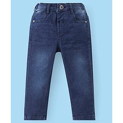 Babyhug Cotton Woven Full Sleeves Mandarin Collar Solid Colour Shirt & Denim Jeans Set - White & Blue