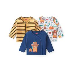 Babyhug 100% Interlock Cotton Knit Full Sleeves Front Open Vests with Stripes & Bear Print Pack of 3 - Yellow Blue & White
