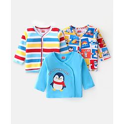 Babyhug Cambric Woven Full Sleeves Front Open Vests With Stripes & Penguin Print Pack of 3 - Multicolour