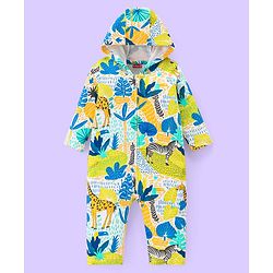 Babyhug 100% Cotton Full Sleeves Hooded Romper Animal Print - Green
