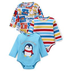 Babyhug 100% Cotton Knit Full Sleeves Onesies Penguin Print Pack of 3 - Multicolour