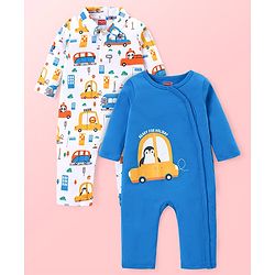 Babyhug 100% Cotton Knit Full Sleeves Rompers with Car Print Pack of 2 - Blue & White