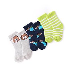 Cutewalk By Babyhug Anti Bacterial Ankle Length Striped & Teddy Bear Design Socks Pack of 3 - Blue Green & Grey