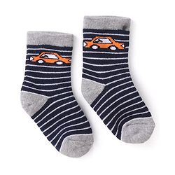 Cutewalk By Babyhug Anti Bacterial Ankle Length Striped & Car Design Socks Pack of 3 - Blue