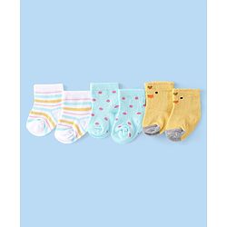 Cute Walk by Babyhug Anti-Bacterial Ankle Length Striped & Polka Dots Design Socks Pack of 3 - Yellow Blue & White