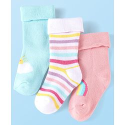 Cute Walk By Babyhug Knit Anti-Bacterial Ankle Length Socks With Rainbow & Stripe Design Pack Of 3 - Pink White Light Blue