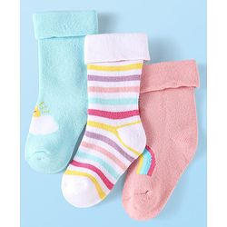 Cute Walk By Babyhug Knit Anti-Bacterial Ankle Length Socks With Rainbow & Stripe Design Pack Of 3 - Pink White Light Blue