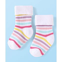 Cute Walk By Babyhug Knit Anti-Bacterial Ankle Length Socks With Rainbow & Stripe Design Pack Of 3 - Pink White Light Blue