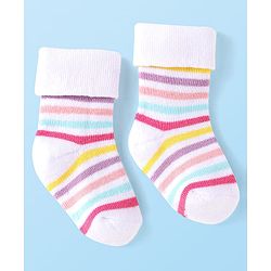 Cute Walk By Babyhug Knit Anti-Bacterial Ankle Length Socks With Rainbow & Stripe Design Pack Of 3 - Pink White Light Blue