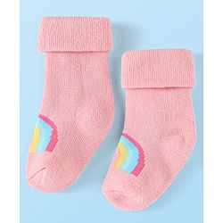 Cute Walk By Babyhug Knit Anti-Bacterial Ankle Length Socks With Rainbow & Stripe Design Pack Of 3 - Pink White Light Blue