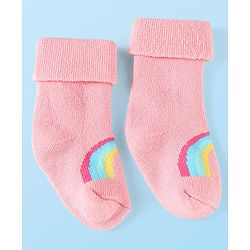 Cute Walk By Babyhug Knit Anti-Bacterial Ankle Length Socks With Rainbow & Stripe Design Pack Of 3 - Pink White Light Blue