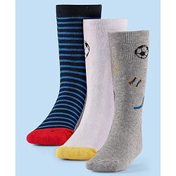 Cute Walk by Babyhug Terry Knit Anti-Bacterial Ankle Length Striped & Football Design Socks Pack of 3 - Blue White & Grey