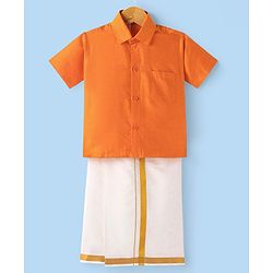 Babyhug Woven Half Sleeves Solid Shirt & Mundu Set - Orange