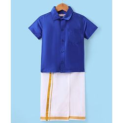 Babyhug Woven Half Sleeves Solid Shirt & Mundu Set - Blue