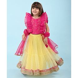 Babyhug Woven  Frill Sleeves Net Sequinned Floral Embroidered  Choli Lehenga & Dupatta Set - Yellow