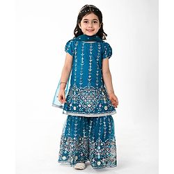 Babyhug Woven Short Sleeves Sequinned Floral Embroidered Kurti Gharara & Dupatta Set - Teal